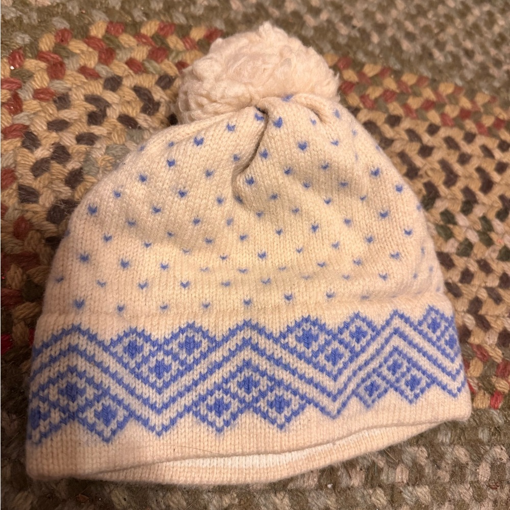 Wool Knitted hat with pom pom fair isle Nordic vibes 18 in circumfurence